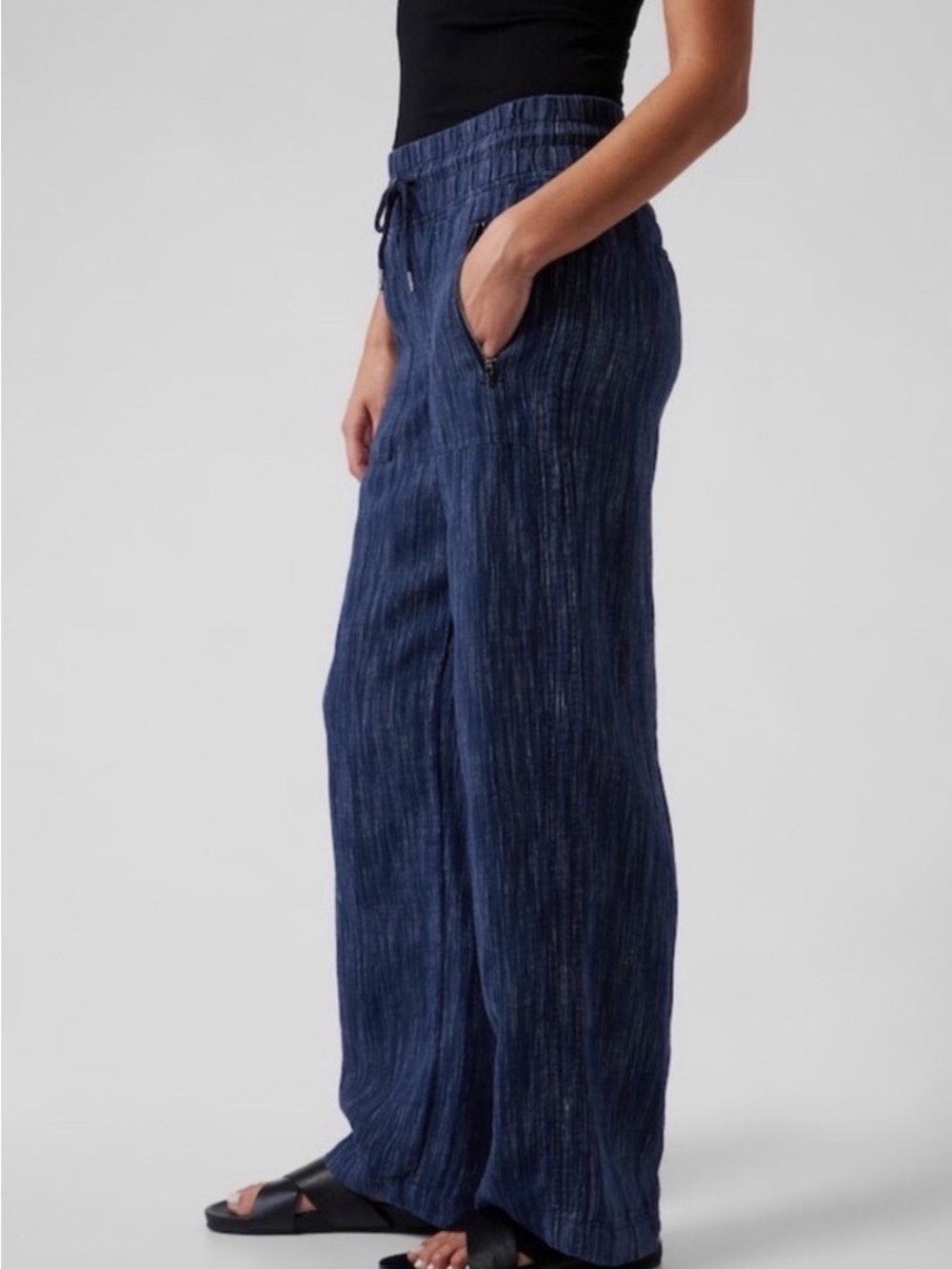 ATHLETA Cabo Linen Wide Leg Pant Blue and White Striped  Size 10